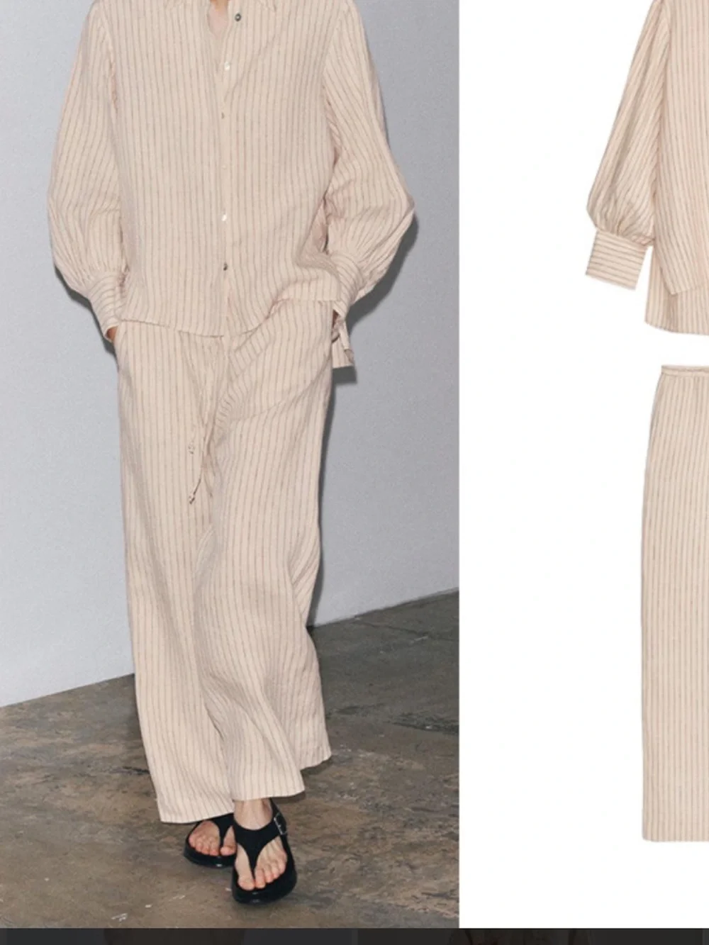 Zara 100% linen Beige Pinstripe Wide-Leg Pants and Blouse Set
